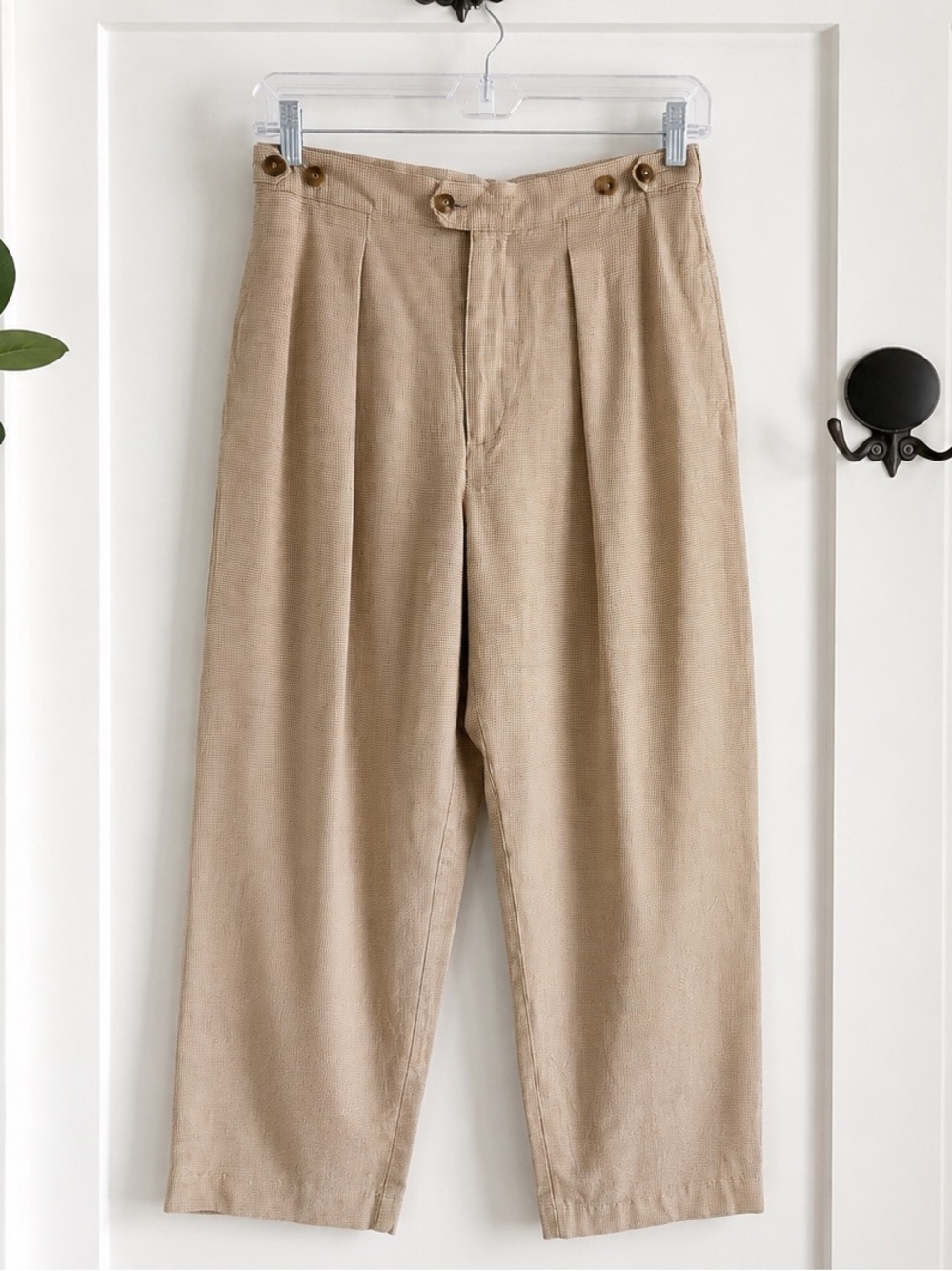 Vintage Lizsport Pleated Rayon Trousers Tan Micro Check High Rise